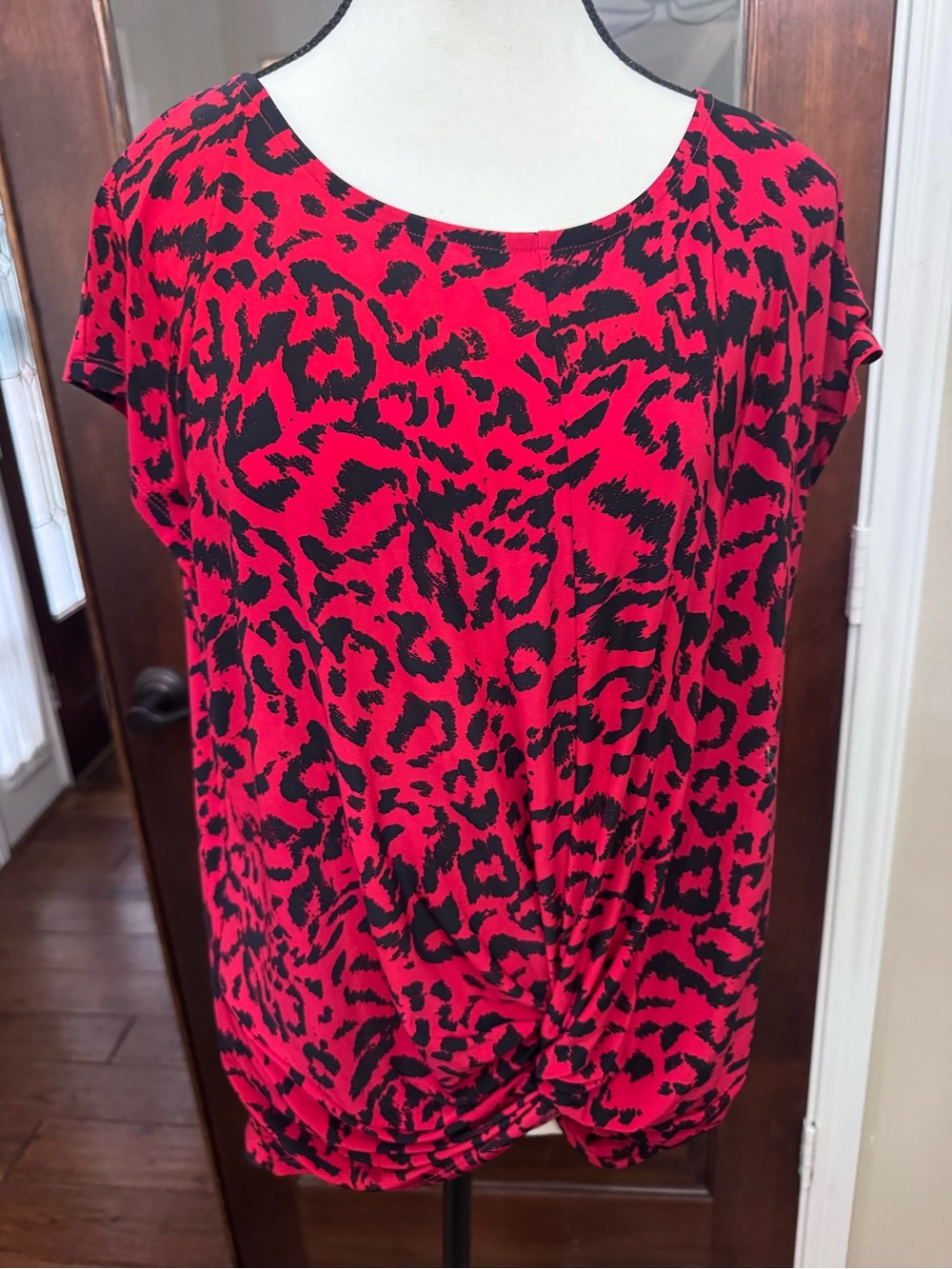 INC International Concepts Red Black Leopard Twist Front Top L